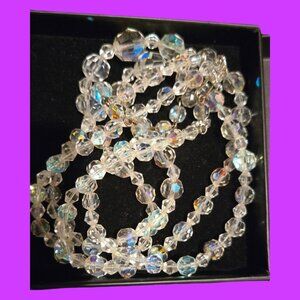 VINTAGE AB CRYSTAL 2 STRAND NECKLACE  17 IN & 18 IN PLUS EXTENSION CHAIN W HOOK